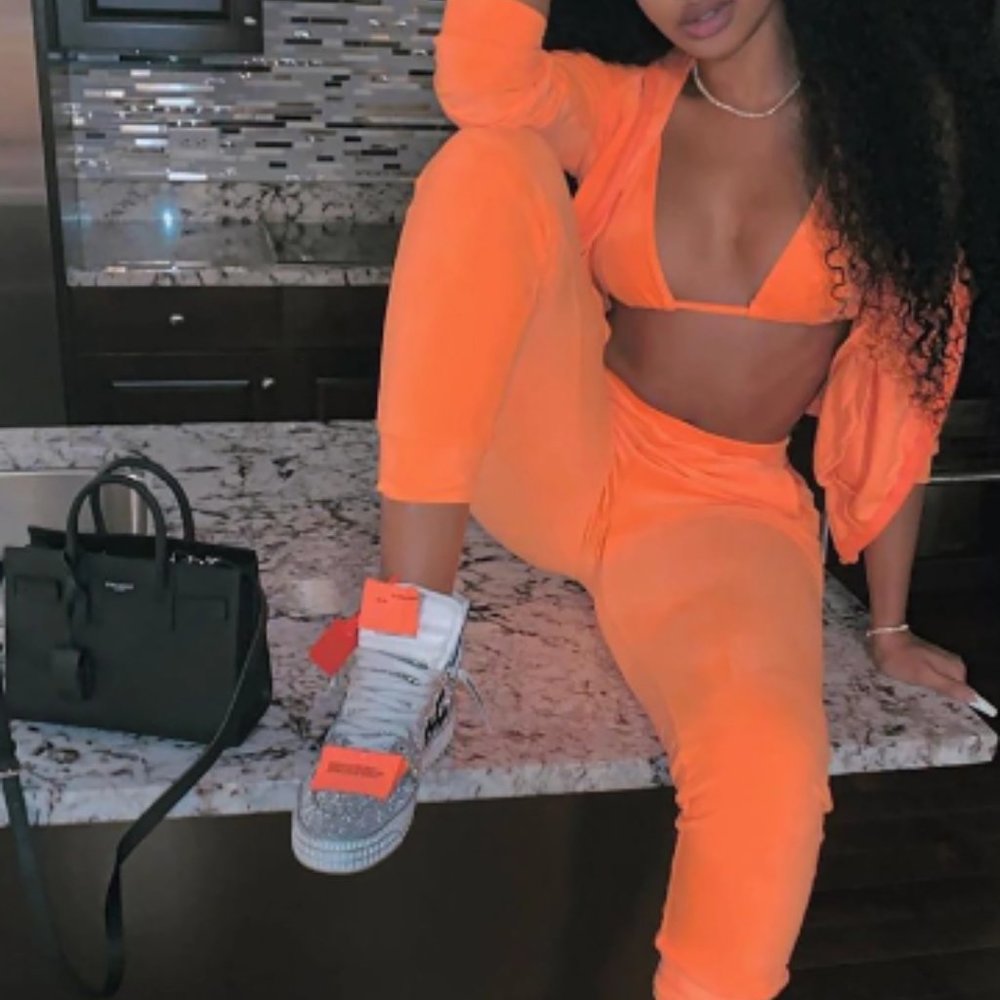 Neon Orange Velour Tracksuit, Bralette not included
